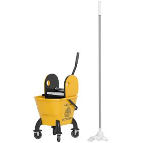 Mop Bucket With Wringer On Wheels For Floor Cleaning, 27.5 Quart Down Press Wringer With Handle And Mop, Yellow (Color: yellow)